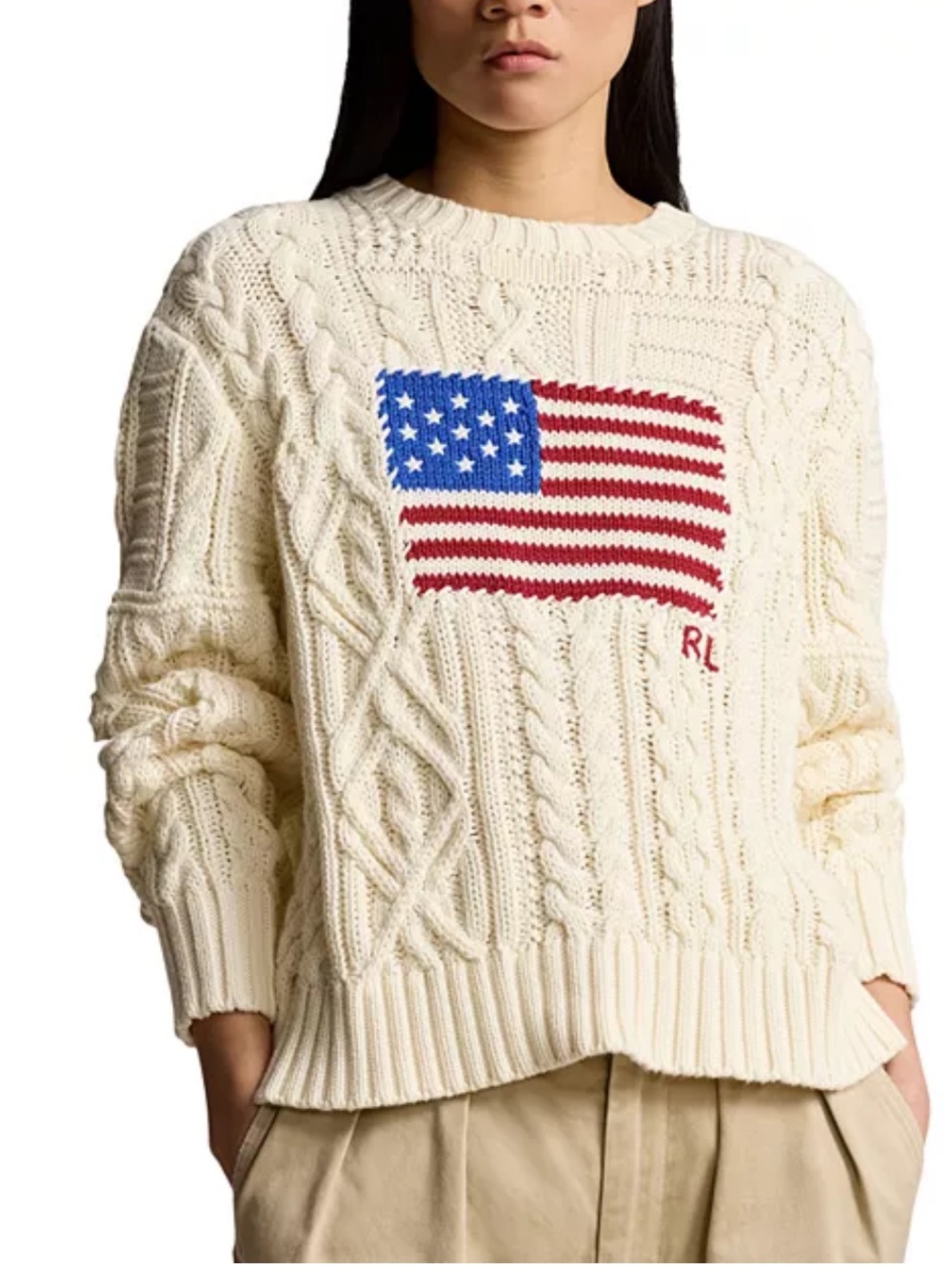 Polo Ralph Lauren Cream Aran Knit Sweater with American Flag NWT Size Large - Picture 1 of 8